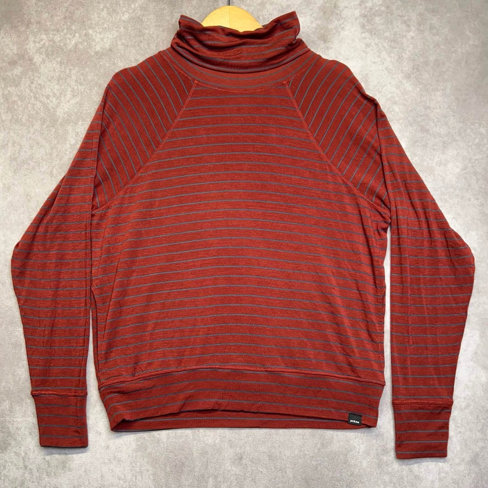 prAna Sol Protect Womens Small Rust Orange Blue Striped Raglan Top Pockets